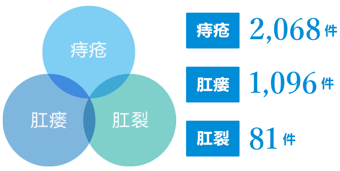 入院 肛門3大疾患手術件数（年間）2022年度　痔核（いぼ痔）：2,068件　痔瘻（あな痔）：1,096件　裂肛（切れ痔）：81件